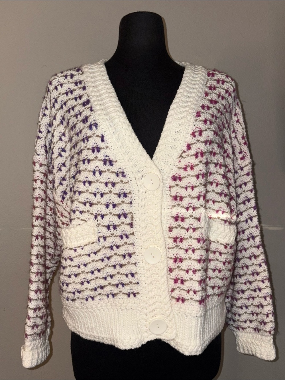 Forever 21 Cream Knit Button-Front Cardigan with Pink & Purple Stitching